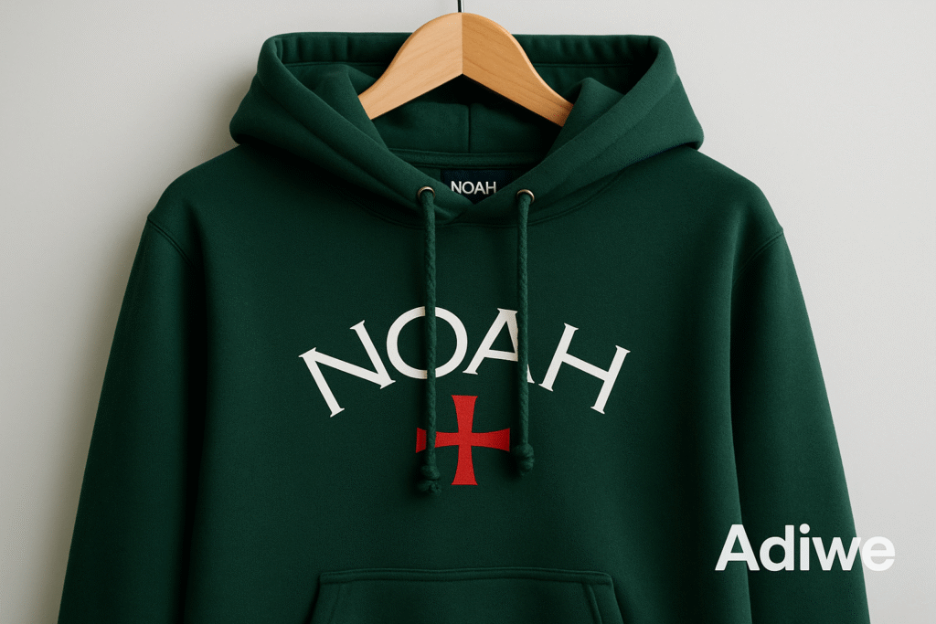 alt text: Noah NY clothing item with a subtle ethical message tag