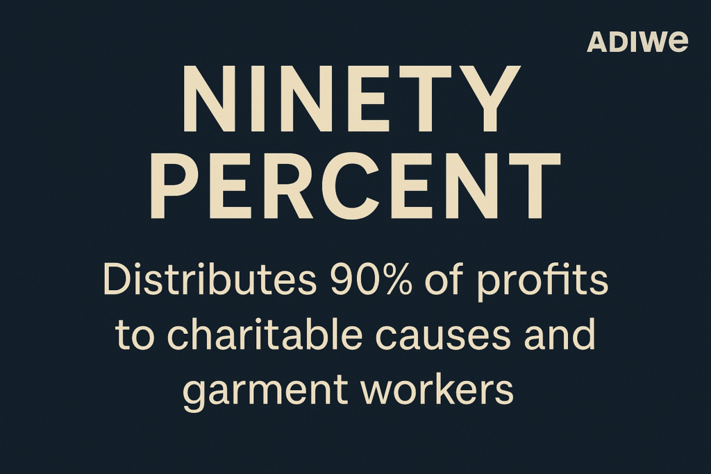 alt text: Label of a Ninety Percent garment explaining their profit-sharing model